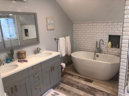Bathroom, Dual Sink Vanities, Free Standing Baths, Interior, Wood Texture Flooring