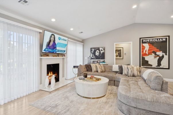 Fireplace, Interior, Living room, Recessed Lighting, Wood Texture Flooring
