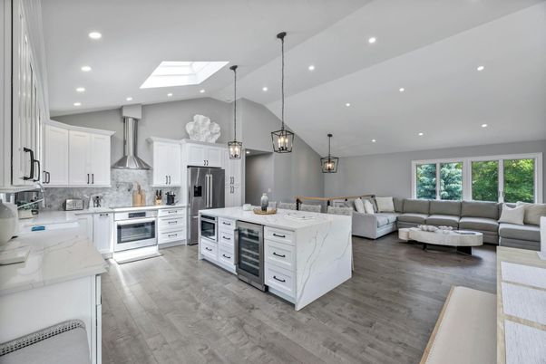 Interior, Kitchen, Living room, Pendant Lights, Recessed Lighting, Stainless Steel Appliances, Wood Texture Flooring