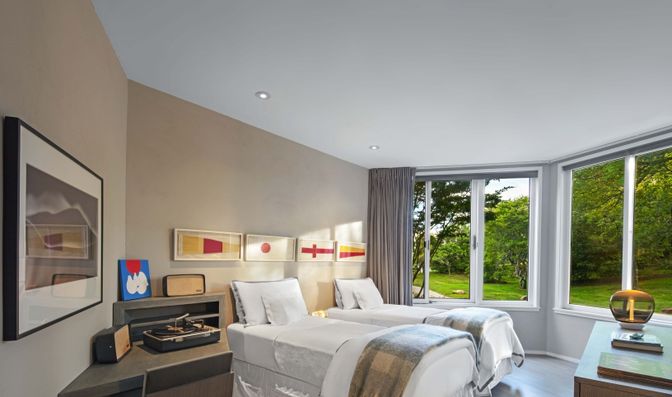 Bedroom, Fireplace, Interior, Recessed Lighting, Wood Texture Flooring