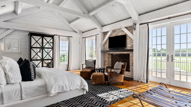 Bedroom, Fireplace, Interior, Stone Walls, Wood Texture Flooring