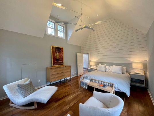 Bedroom, Interior, Pendant Lights, Wood Texture Flooring