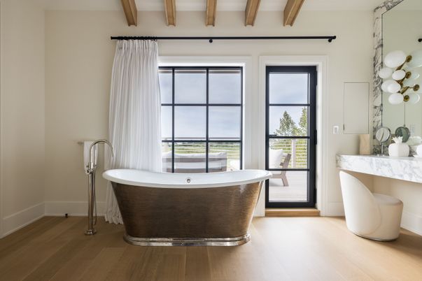 Bathroom, Free Standing Baths, Interior, Wooden Beams, Wood Texture Flooring