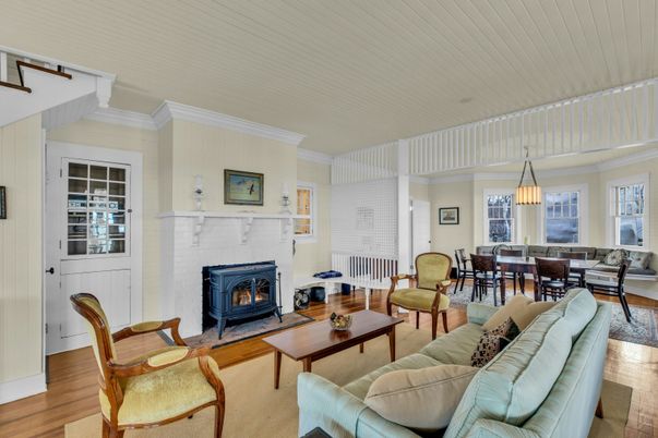 Dining room, Fireplace, Interior, Living room, Pendant Lights, Wood Texture Flooring