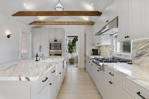 Interior, Kitchen, Pendant Lights, Recessed Lighting, Stainless Steel Appliances, Wooden Beams, Wood Texture Flooring
