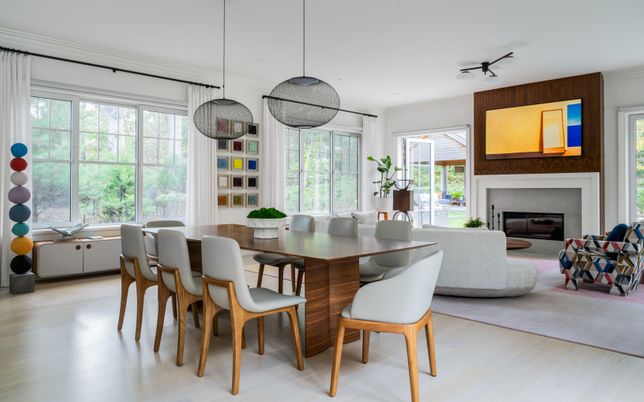 Dining room, Fireplace, Interior, Living room, Pendant Lights, Wood Texture Flooring
