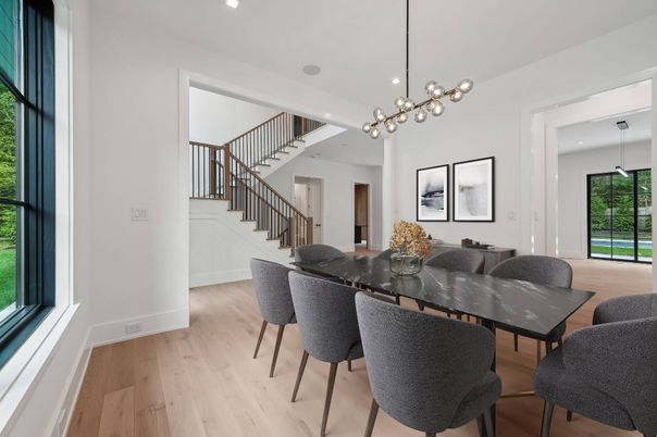 Dining room, Interior, Pendant Lights, Recessed Lighting, Wood Texture Flooring