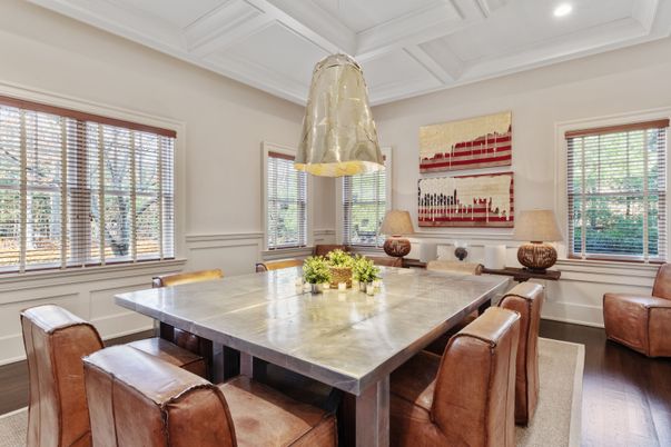Dining room, Interior, Recessed Lighting, Wood Texture Flooring