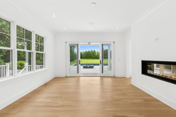 Empty room, Fireplace, Interior, Recessed Lighting, Wood Texture Flooring