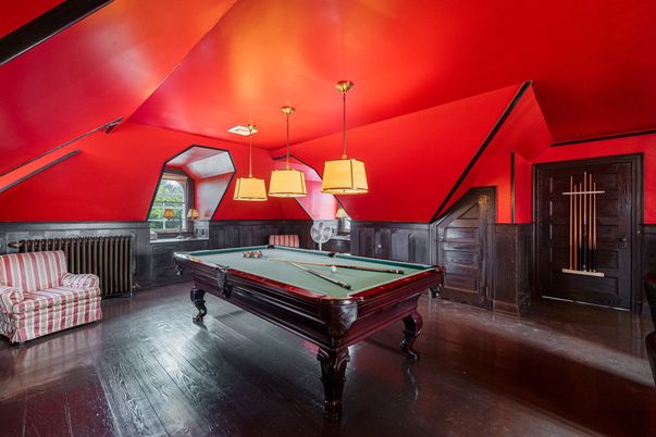 Billiard Table, Game Room, Interior, Pendant Lights, Wood Texture Flooring