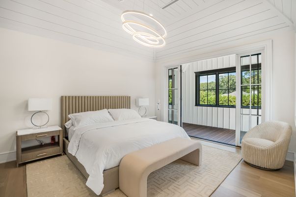 Bedroom, Interior, Pendant Lights, Wood Texture Flooring