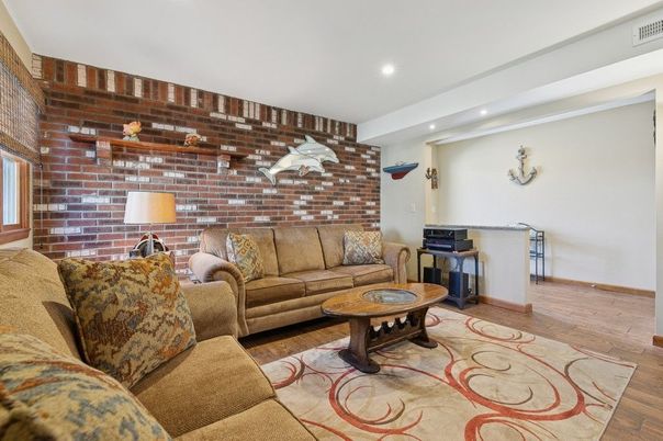 Interior, Living room, Recessed Lighting, Stone Walls, Wood Texture Flooring