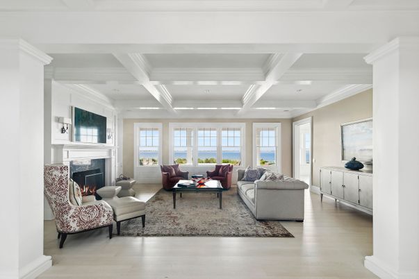 Fireplace, Interior, Living room, Recessed Lighting, Water, Wood Texture Flooring