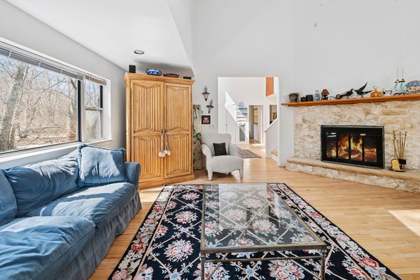 Fireplace, Interior, Living room, Recessed Lighting, Wood Texture Flooring