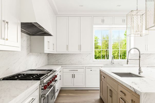 Interior, Kitchen, Marble Walls, Pendant Lights, Stainless Steel Appliances, Wood Texture Flooring