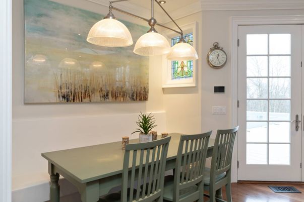 Dining room, Interior, Pendant Lights, Wood Texture Flooring