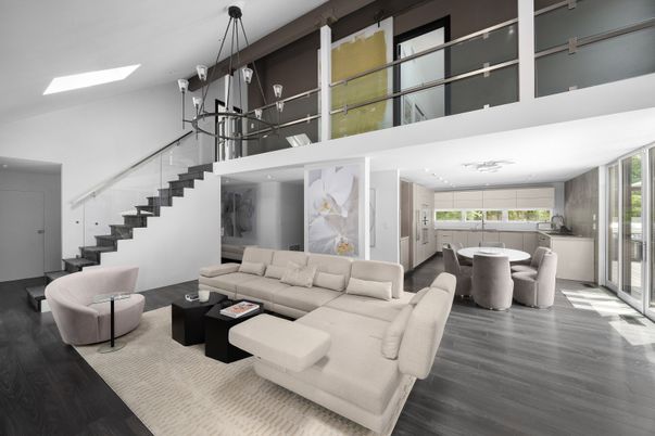 Dining room, Interior, Living room, Pendant Lights, Recessed Lighting, Wood Texture Flooring