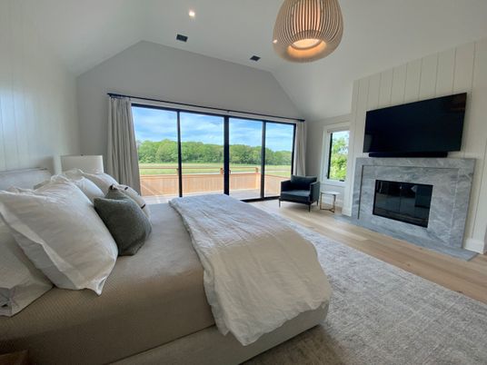Bedroom, Fireplace, Interior, Pendant Lights, Recessed Lighting, Wood Texture Flooring