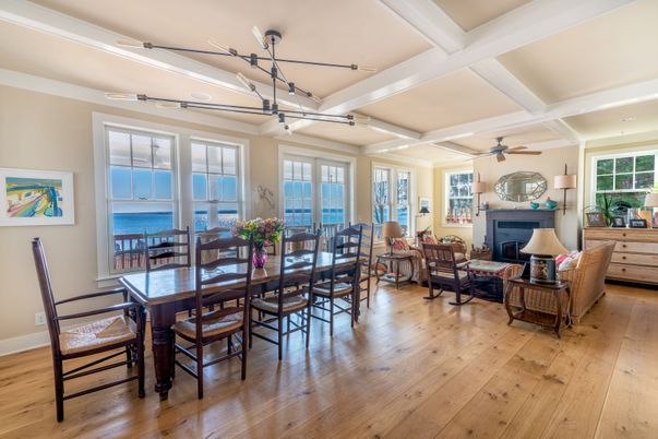 Dining room, Fireplace, Interior, Living room, Water, Wood Texture Flooring