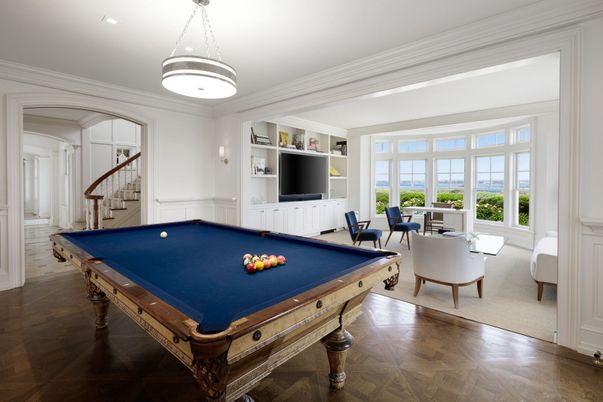 Billiard Table, Game Room, Interior, Pendant Lights, Recessed Lighting, Wood Texture Flooring