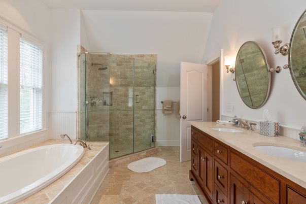 Bathroom, Dual Sink Vanities, Glass Shower, Interior, Tile Countertops