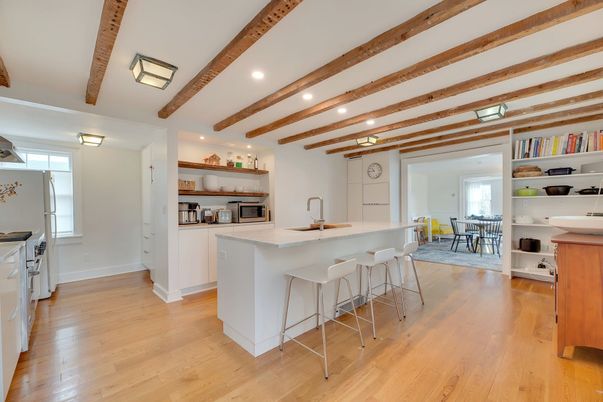 Dining room, Interior, Kitchen, Recessed Lighting, Wooden Beams, Wood Texture Flooring
