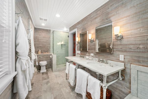 Bathroom, Glass Shower, Interior, Recessed Lighting, Wooden Walls