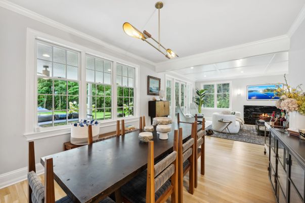 Dining room, Fireplace, Interior, Living room, Pendant Lights, Wood Texture Flooring