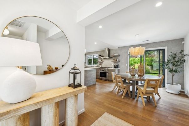 Dining room, Interior, Kitchen, Pendant Lights, Recessed Lighting, Stainless Steel Appliances, Wood Texture Flooring