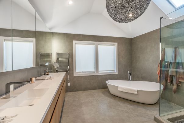 Bathroom, Dual Sink Vanities, Free Standing Baths, Glass Shower, Interior, Recessed Lighting