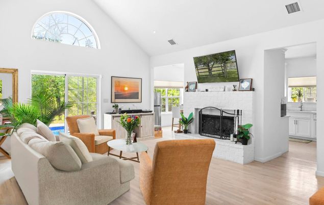 Fireplace, Interior, Living room, Recessed Lighting, Wood Texture Flooring