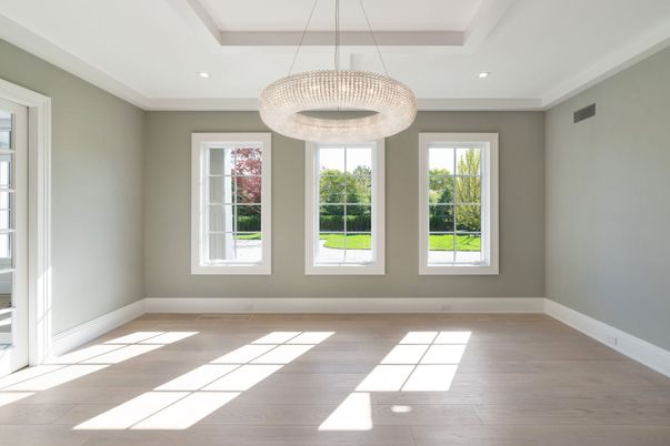 Chandelier, Empty room, Interior, Recessed Lighting, Wood Texture Flooring