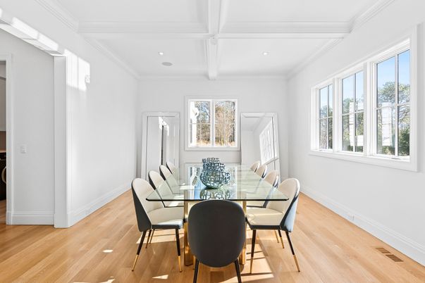 Dining room, Interior, Recessed Lighting, Wood Texture Flooring