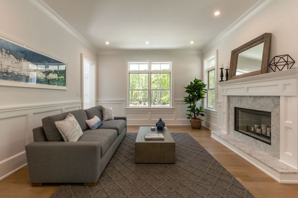 Fireplace, Interior, Living room, Recessed Lighting, Wood Texture Flooring