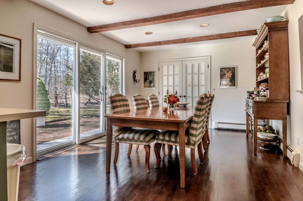 Dining room, Interior, Recessed Lighting, Wooden Beams, Wood Texture Flooring