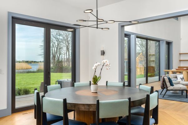 Dining room, Interior, Pendant Lights, Recessed Lighting, Water, Wood Texture Flooring