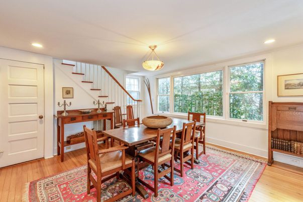 Dining room, Interior, Recessed Lighting, Wood Texture Flooring