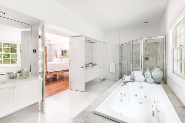 Bathroom, Bedroom, Glass Shower, Interior, Wood Texture Flooring
