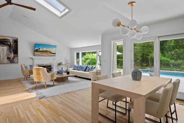 Dining room, Fireplace, Interior, Living room, Pendant Lights, Wood Texture Flooring