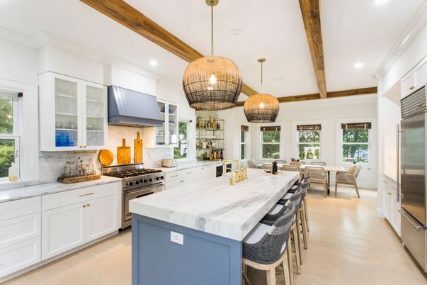 Dining room, Interior, Kitchen, Pendant Lights, Recessed Lighting, Stainless Steel Appliances, Wooden Beams, Wood Texture Flooring