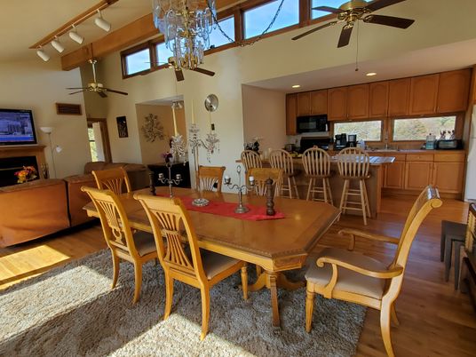 Dining room, Fireplace, Interior, Kitchen, Living room, Recessed Lighting, Wood Texture Flooring