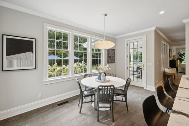 Dining room, Interior, Pendant Lights, Recessed Lighting, Wood Texture Flooring