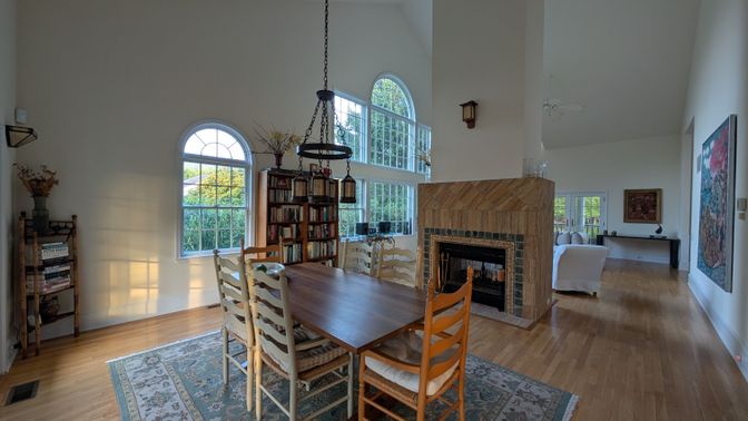 Dining room, Fireplace, Interior, Pendant Lights, Wood Texture Flooring