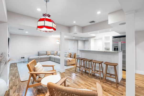 Interior, Kitchen, Living room, Pendant Lights, Recessed Lighting, Stainless Steel Appliances, Wood Texture Flooring