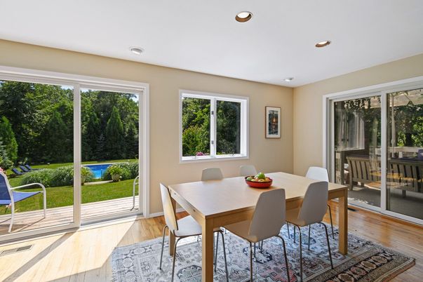 Dining room, Interior, Recessed Lighting, Wood Texture Flooring