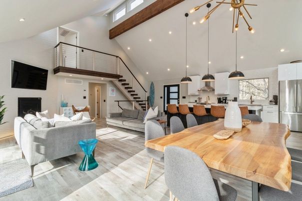 Dining room, Fireplace, Interior, Kitchen, Living room, Pendant Lights, Recessed Lighting, Stainless Steel Appliances, Wooden Beams, Wood Texture Flooring
