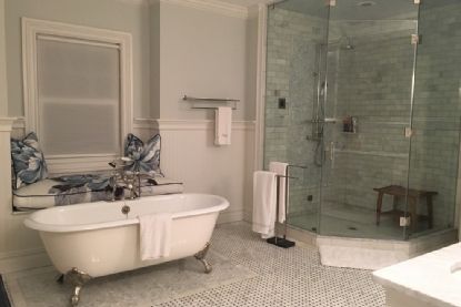 Bathroom, Free Standing Baths, Glass Shower, Interior, Recessed Lighting
