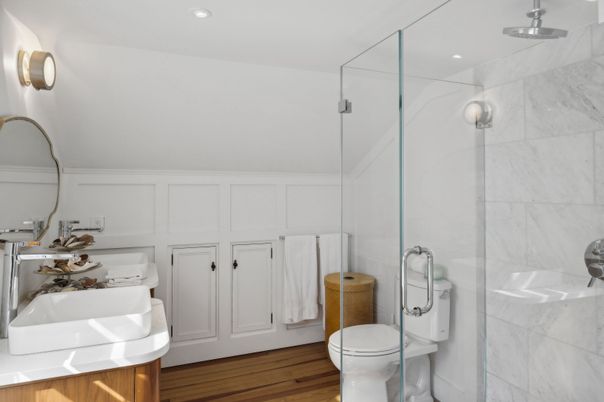 Bathroom, Glass Shower, Interior, Marble Walls, Recessed Lighting, Wood Texture Flooring