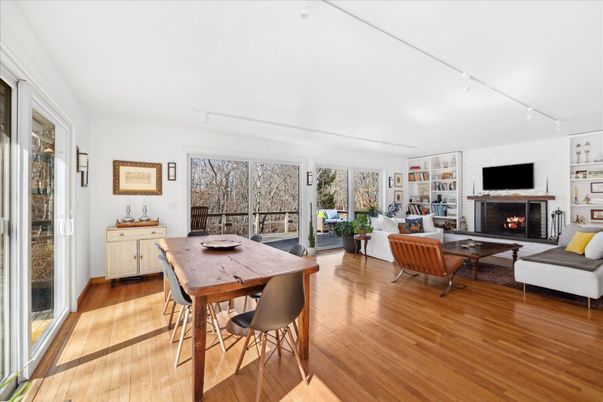 Dining room, Fireplace, Interior, Living room, Wood Texture Flooring