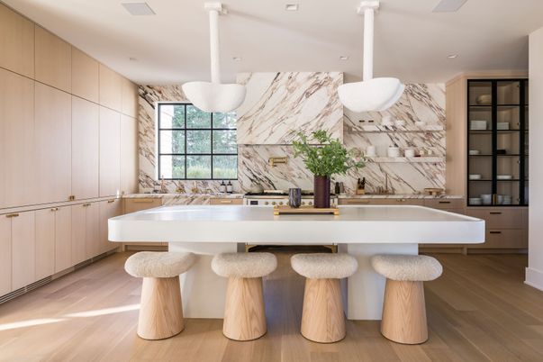 Interior, Kitchen, Marble Walls, Pendant Lights, Recessed Lighting, Wood Texture Flooring